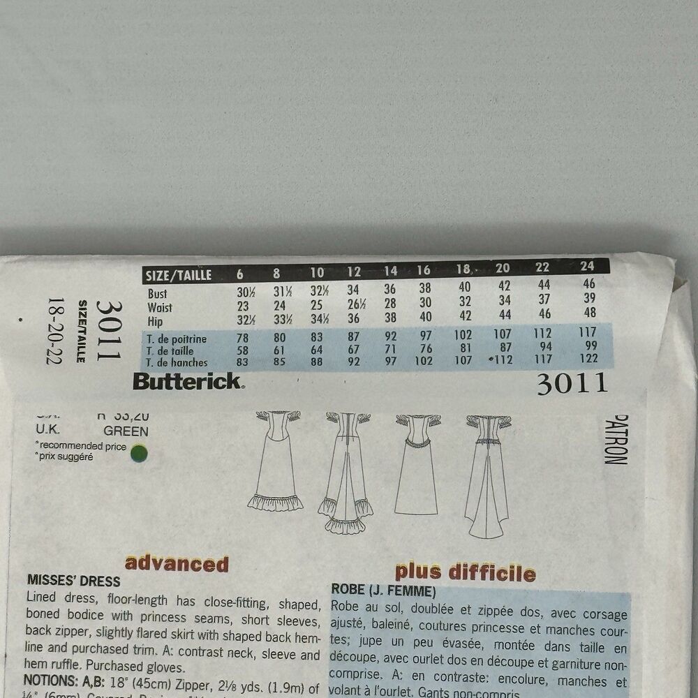 Butterick 3011 Sewing Pattern Edwardian Gown Dress Train Size 18 20 22 History - Picture 5 of 12